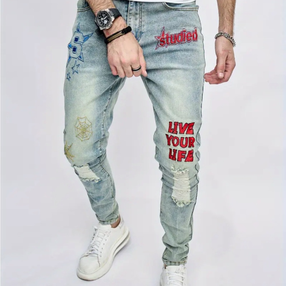 Men's Ripped Jeans Skinny Waist Size 28 Slim Fit Embroidered Hip Hop Denim Pants